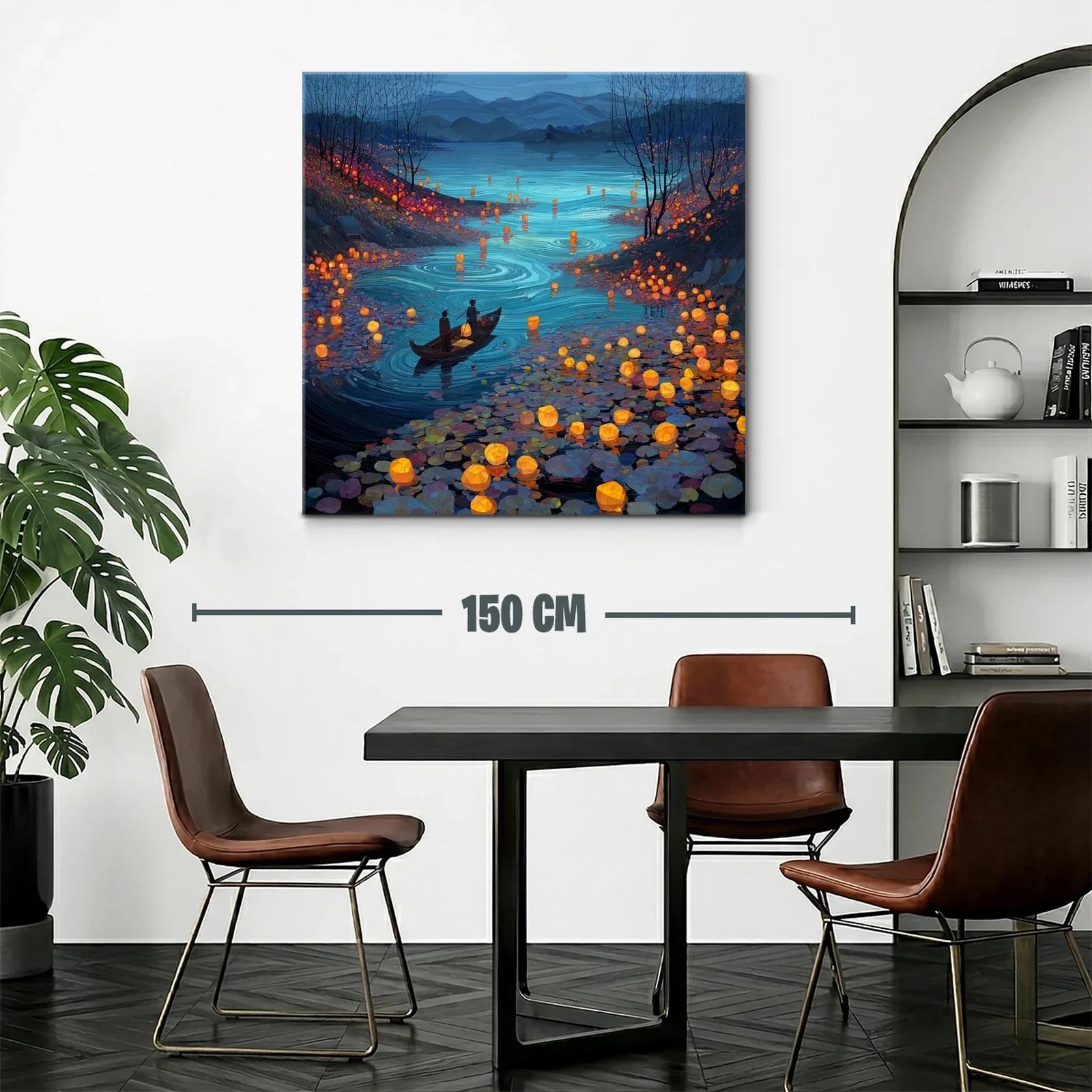 Río iluminado con faroles flotantes al atardecer — miniatura 2