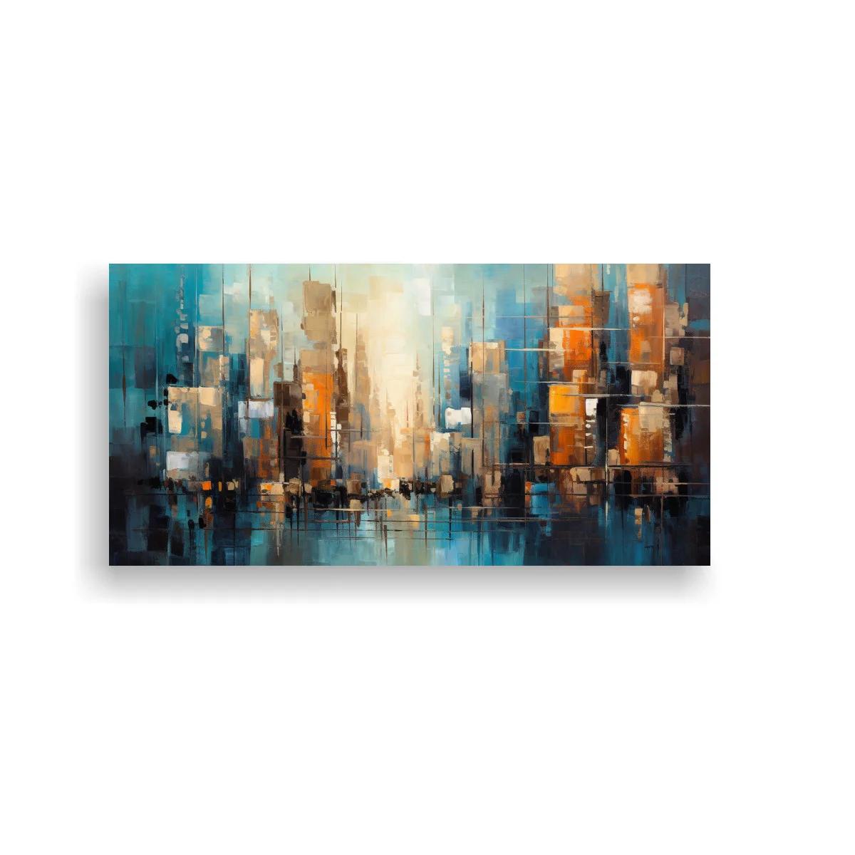 Cuadro skyline urbano abstracto con eje luminoso central — imagen principal