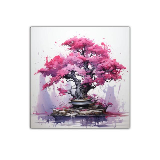 Cuadro árbol bonsái con follaje rosa intenso y fondo minimalista