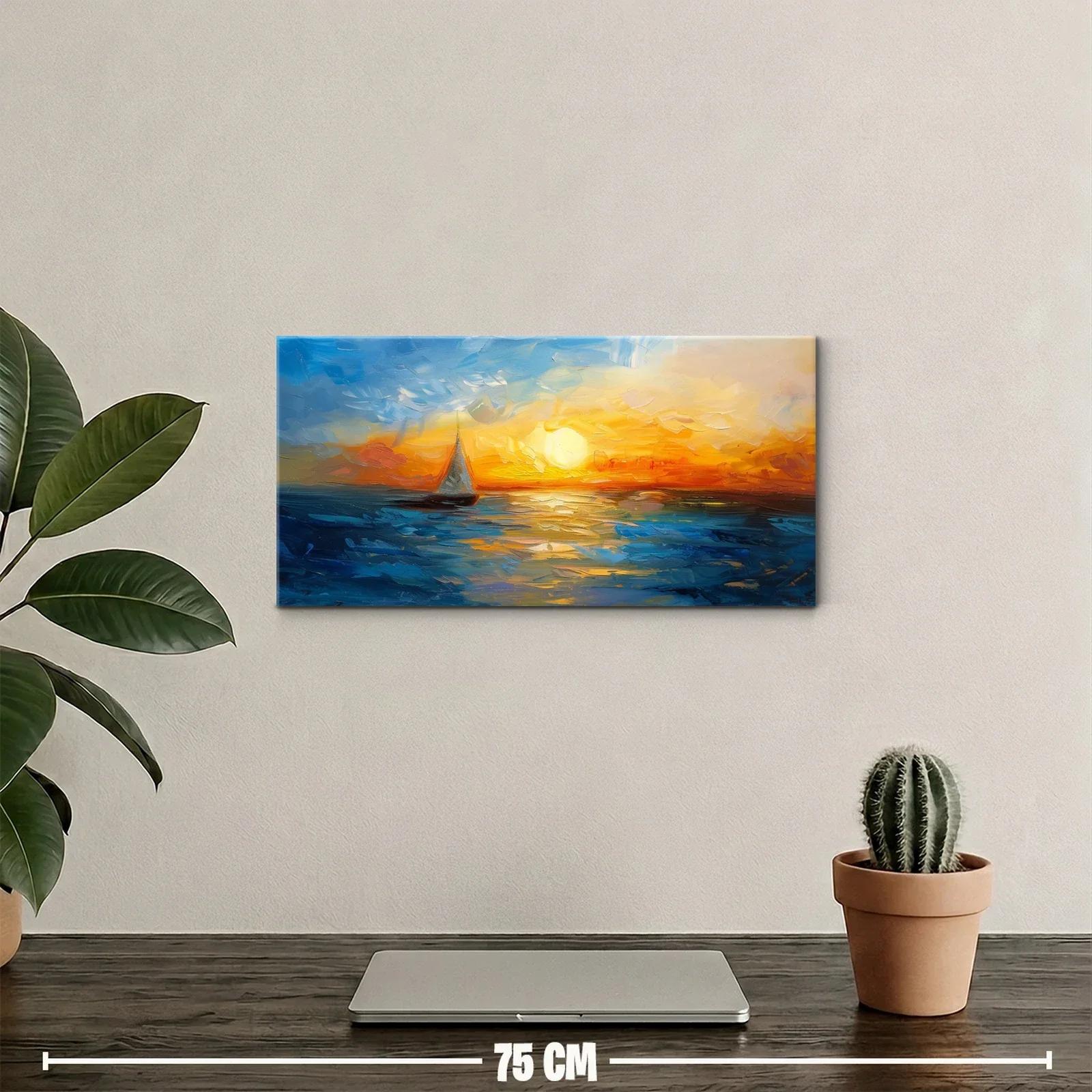 Cuadro velero al atardecer con horizonte dorado — miniatura 2