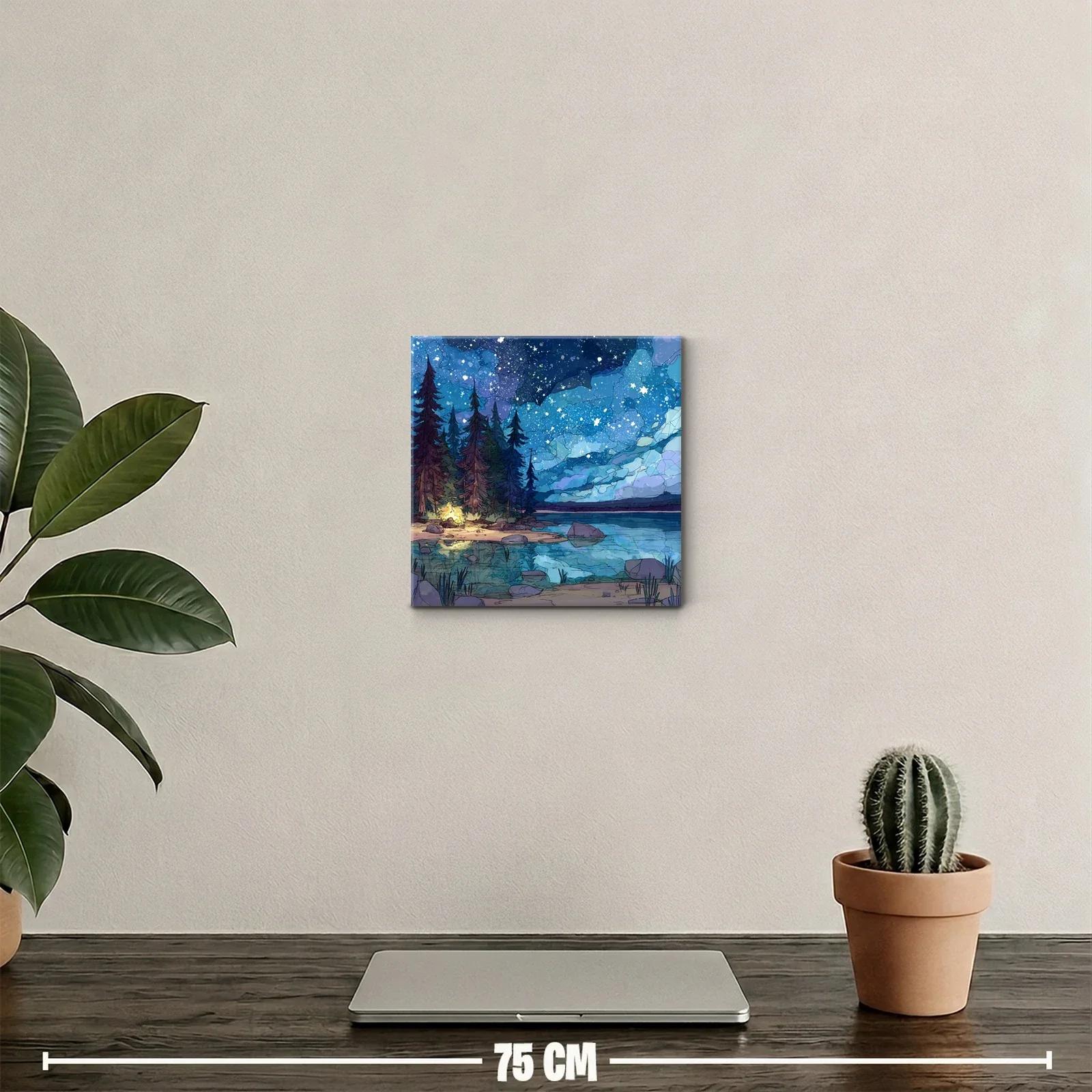 Paisaje nocturno estrellado con lago y bosque encantado — miniatura 2