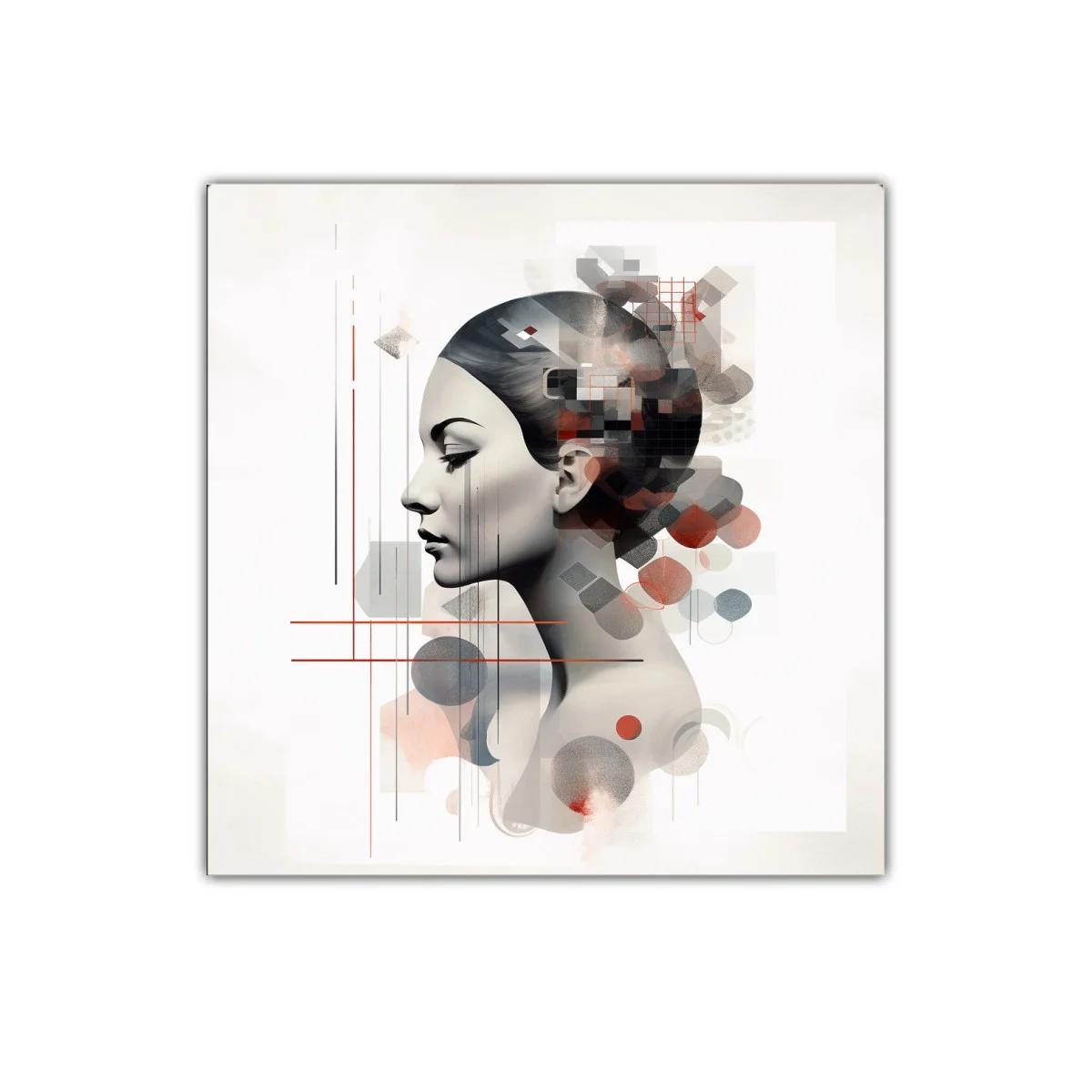 Retrato femenino con abstracción geométrica y tonos cálidos