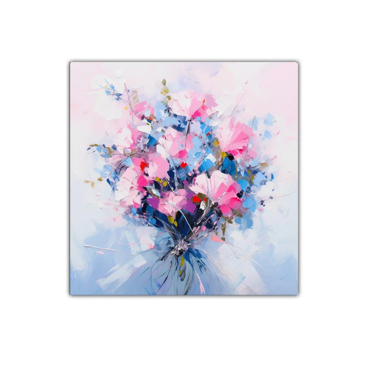 Cuadro con ramo vibrante de flores rosas y azules