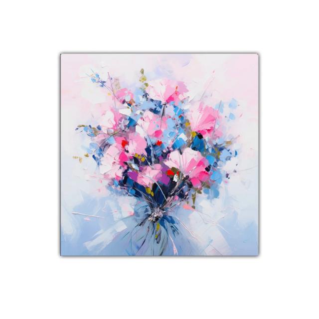 Cuadro con ramo vibrante de flores rosas y azules