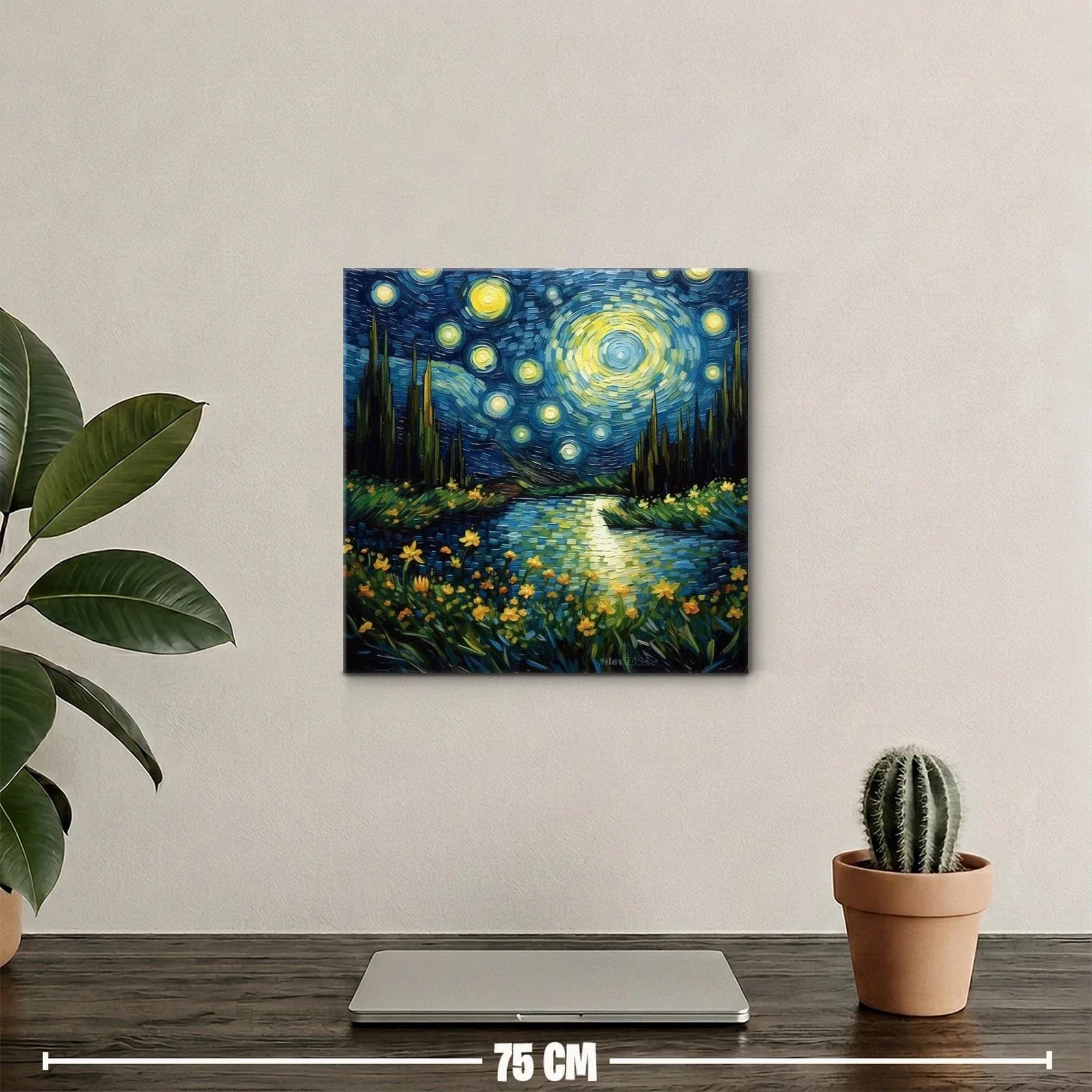 Paisaje nocturno estrellado con flores luminosas y río sereno — miniatura 2