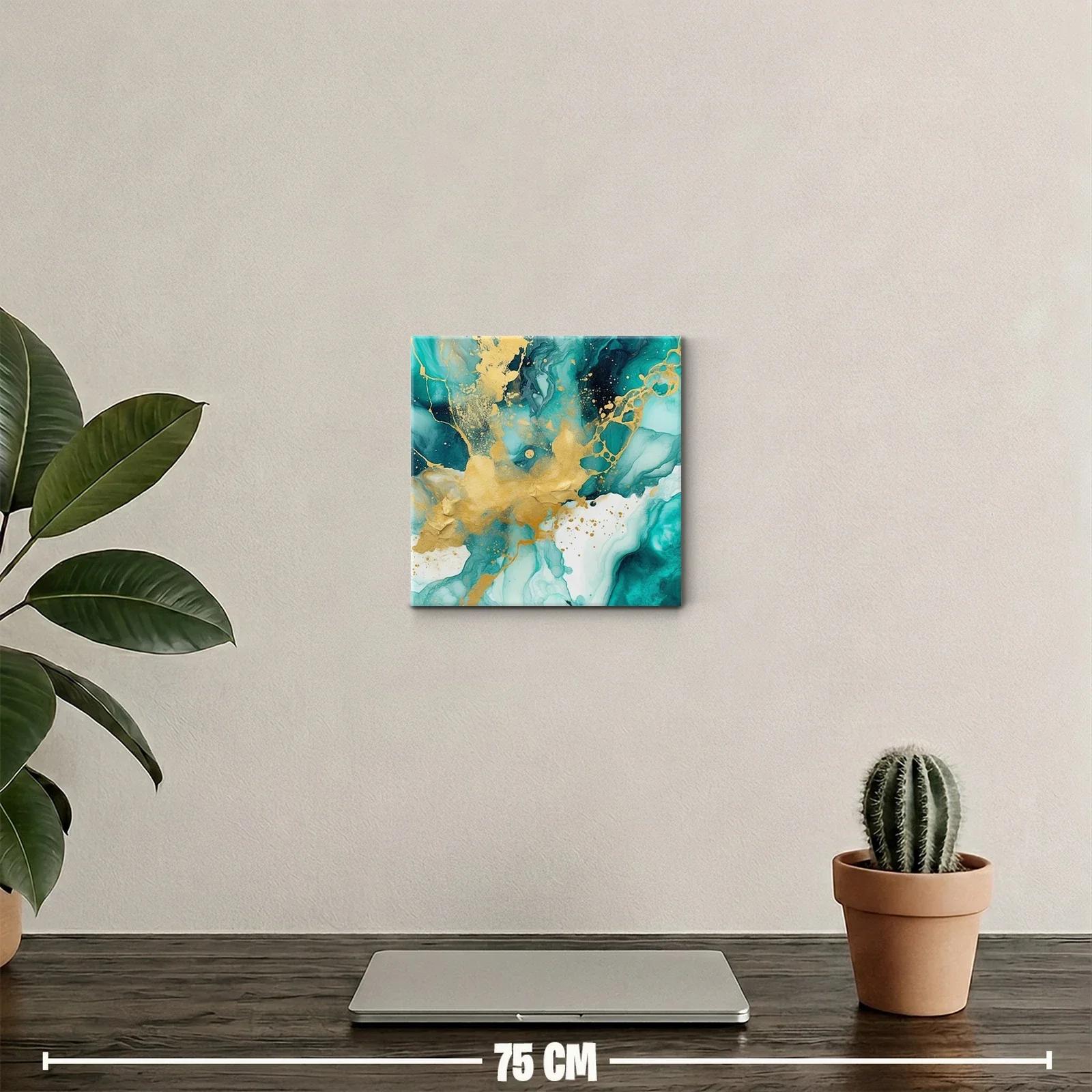 Cuadro abstracto con tonos turquesa y dorados vibrantes — miniatura 2