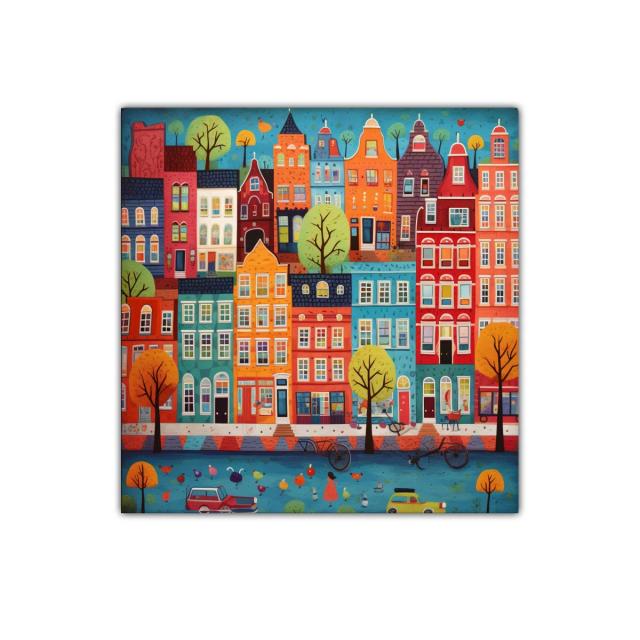 Ciudad colorida con edificios y árboles vibrantes