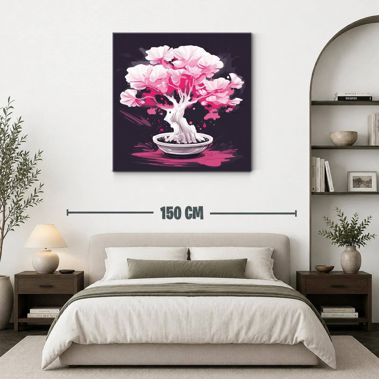 Bonsái en flor con tonos rosas vibrantes y fondo oscuro — miniatura 3