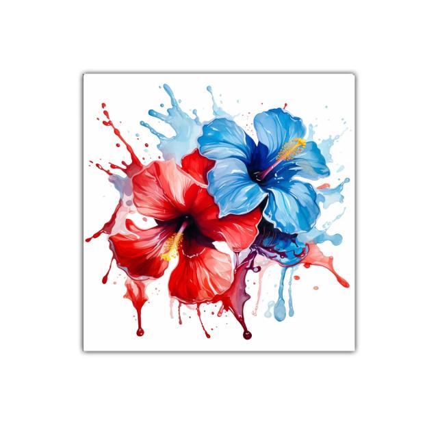 Cuadro moderno de flores hibisco en tonos rojo y azul