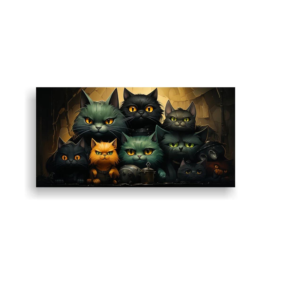 Cuadro grupo de gatos negros y naranjas con ojos brillantes