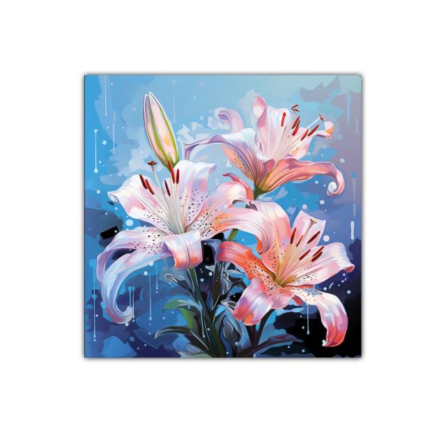 Lirios vibrantes sobre fondo azul intenso y moderno