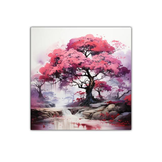 Paisaje encantador con árboles de flores rosadas y río tranquilo