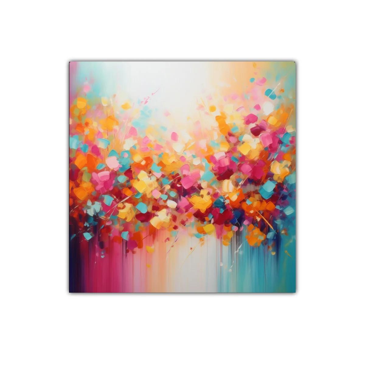 Cuadro vibrante con explosión floral en tonos cálidos y fríos — imagen principal