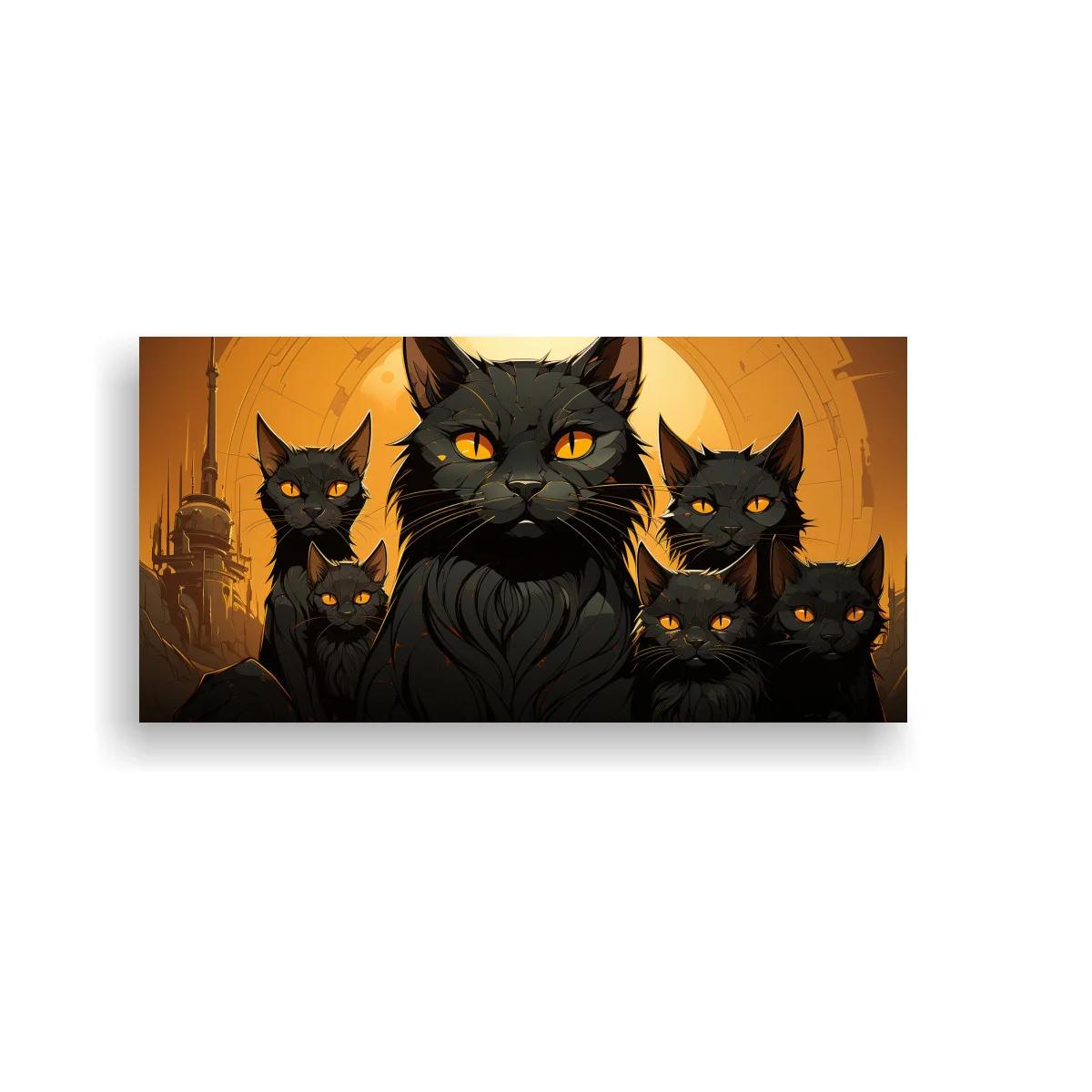 Cuadro grupo de gatos negros de ojos brillantes con halo luminoso