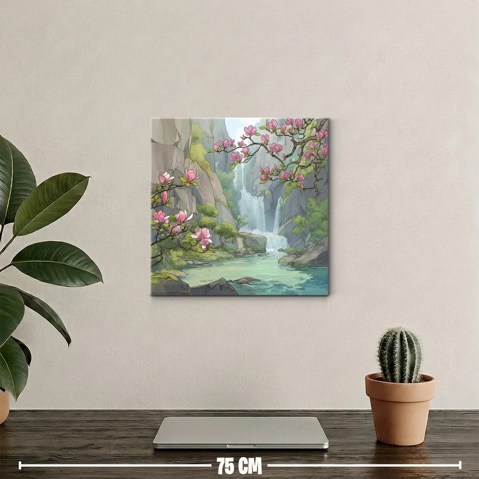 Paisaje sereno con cascada y flores rosadas en ribera — miniatura 2