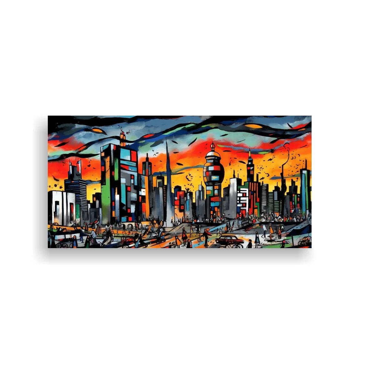 Cuadro skyline urbano al atardecer con autos — imagen principal
