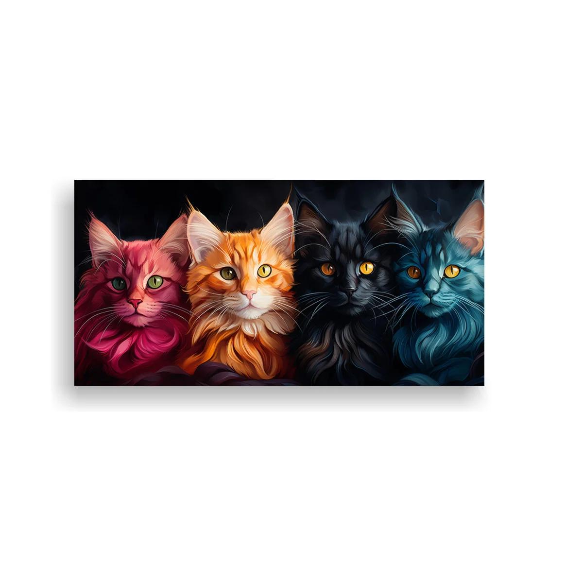 Cuadro cuatro gatos de colores con mirada intensa