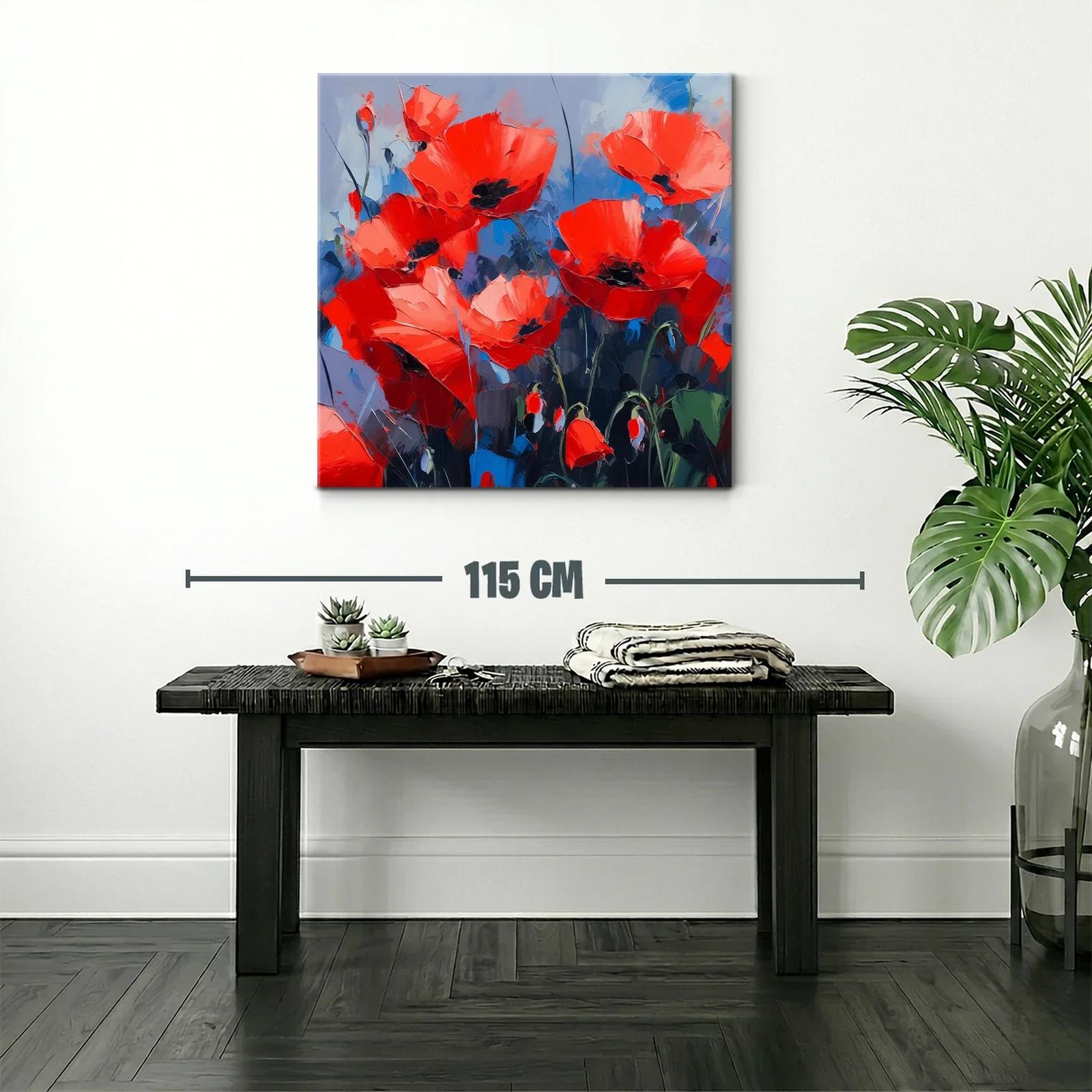 Cuadro vibrante con amapolas rojas sobre fondo azul — miniatura 2
