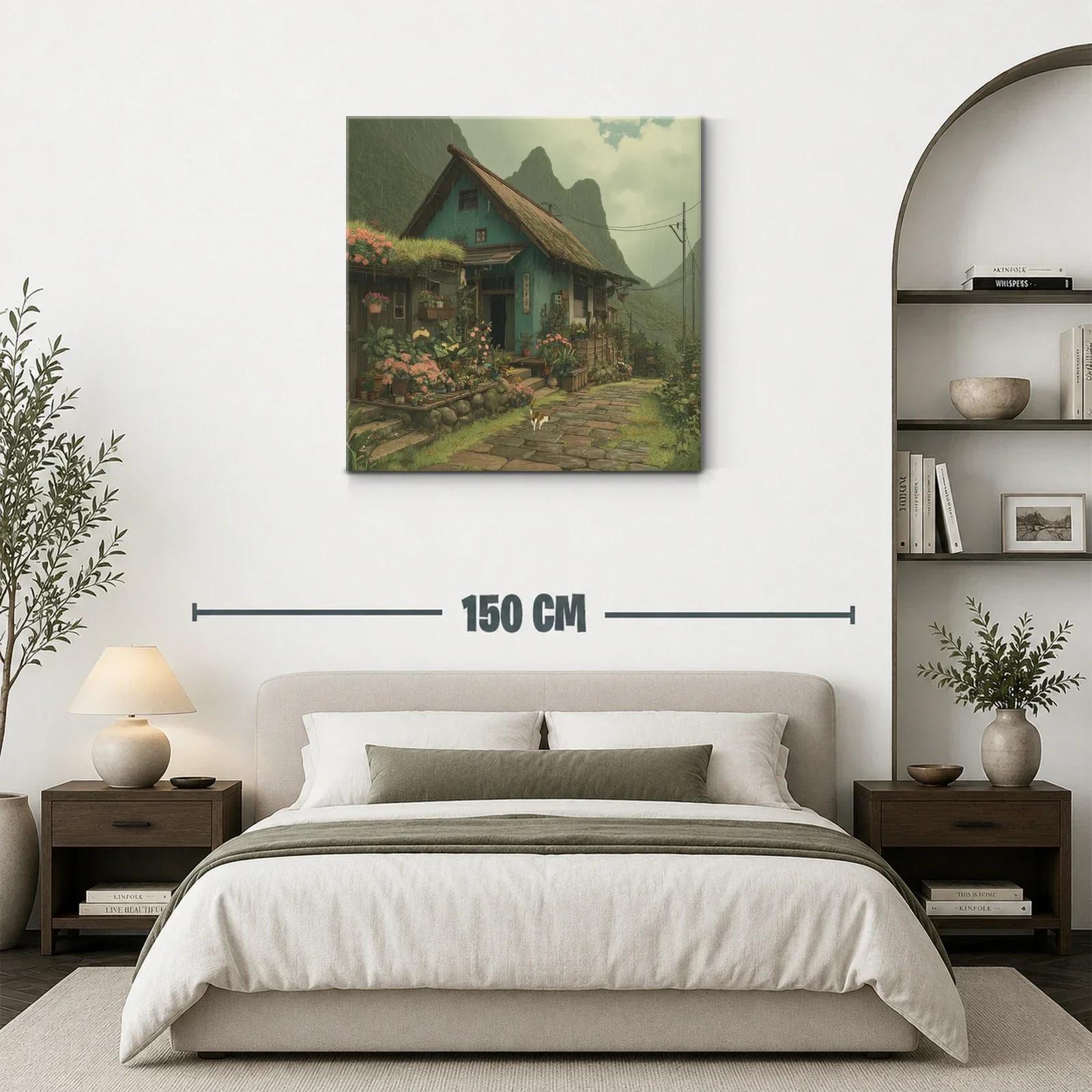 Paisaje rural con casa y jardín florido bajo lluvia suave — miniatura 3