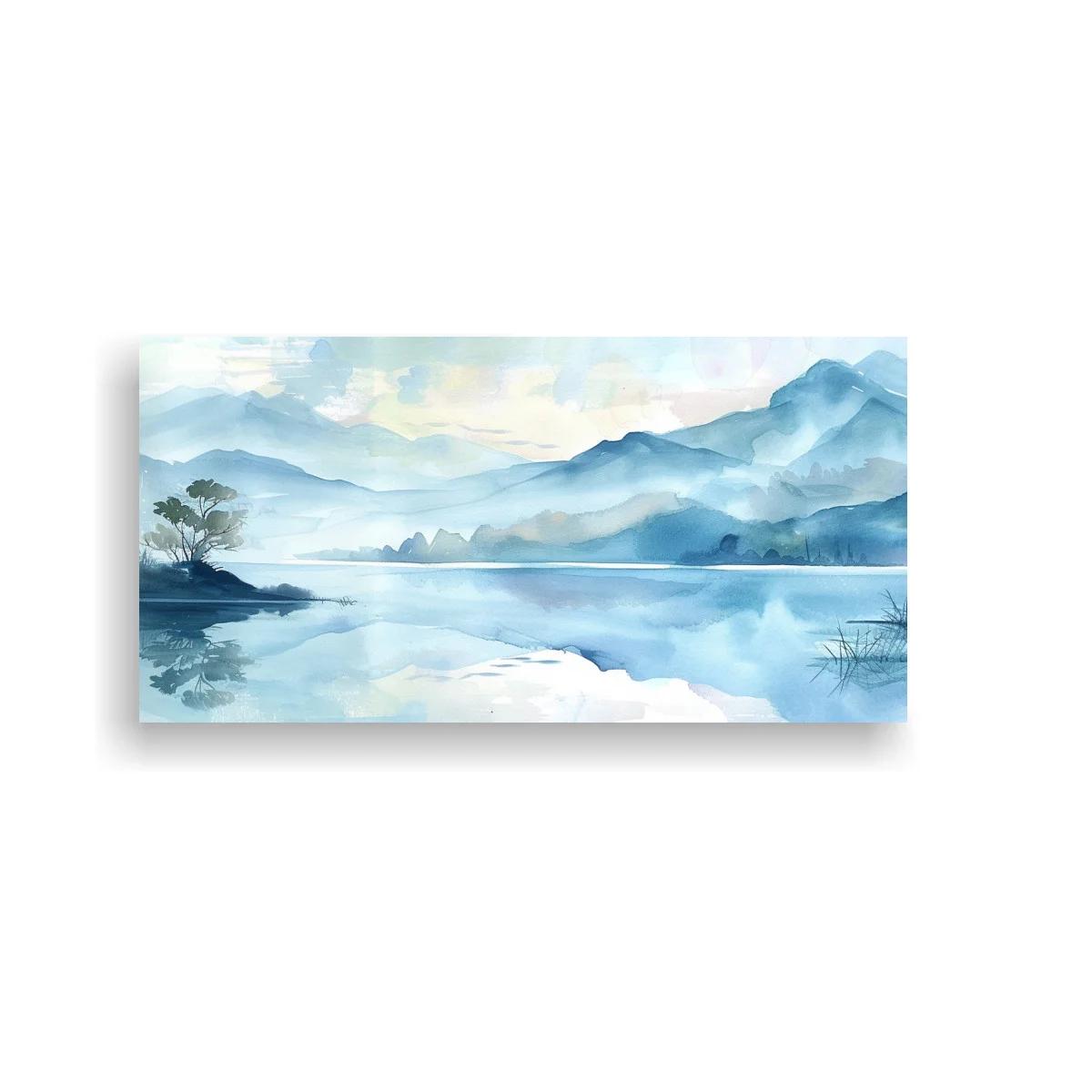 Cuadro paisaje de lago con montañas e isleta