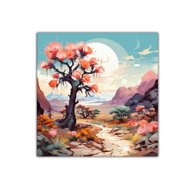 Paisaje onírico con árbol de flores coral en valle montañoso