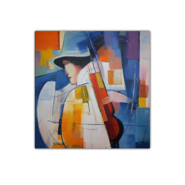 Cuadro abstracto con músico y paleta vibrante azul y naranja
