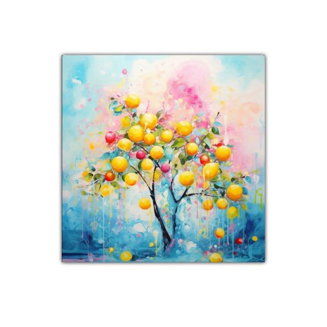 Árbol frutal con tonos vibrantes y atmósfera luminosa