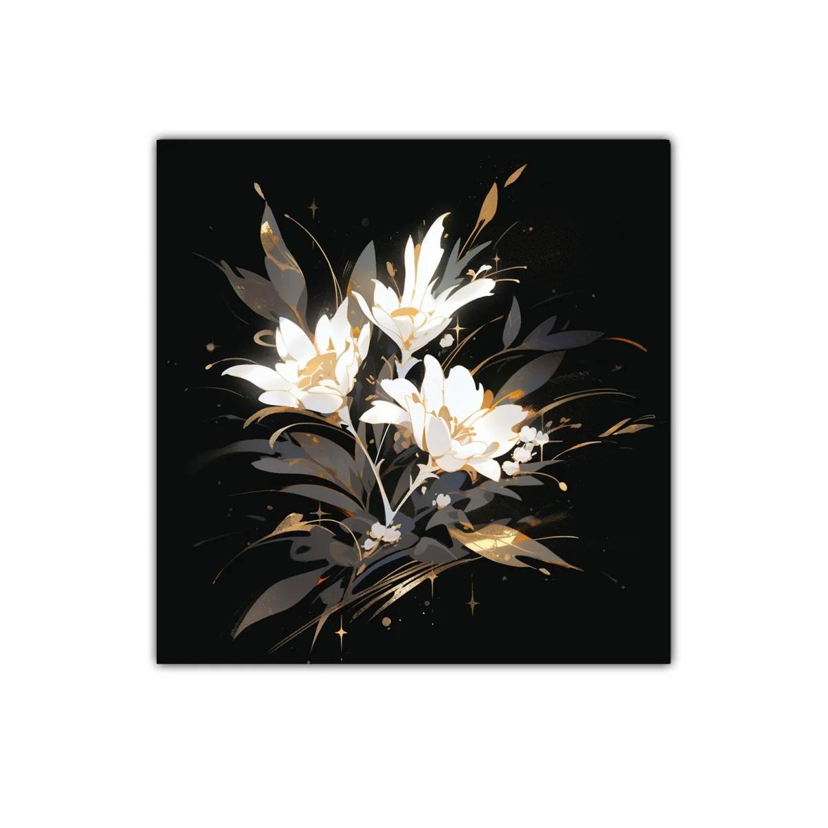 Elegante ramo floral en tonos blanco y dorado sobre fondo oscuro