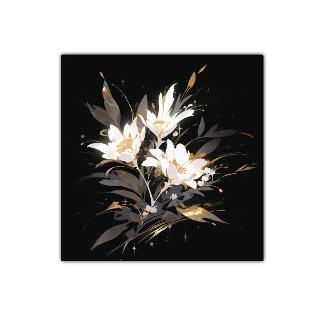 Elegante ramo floral en tonos blanco y dorado sobre fondo oscuro