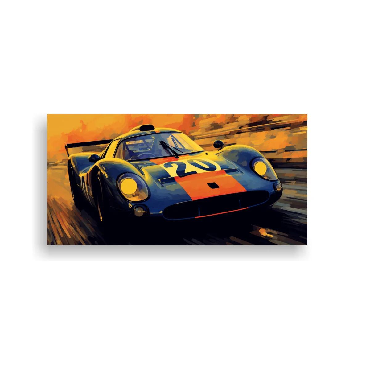 Cuadro coche de carreras clásico azul y naranja con número 20