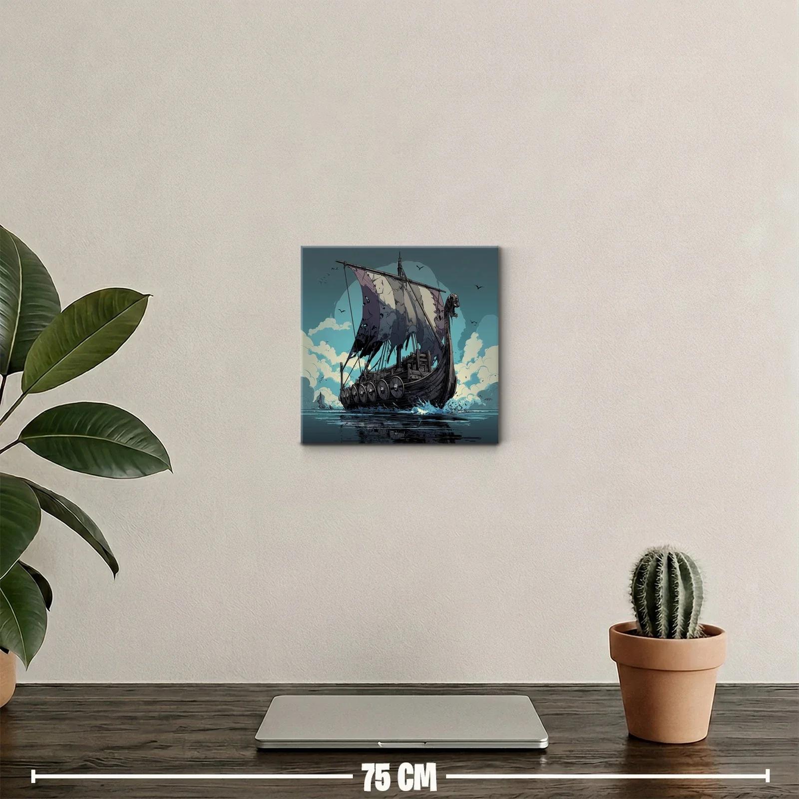 Barco Vikingo surcando el mar con velas desgastadas — miniatura 2