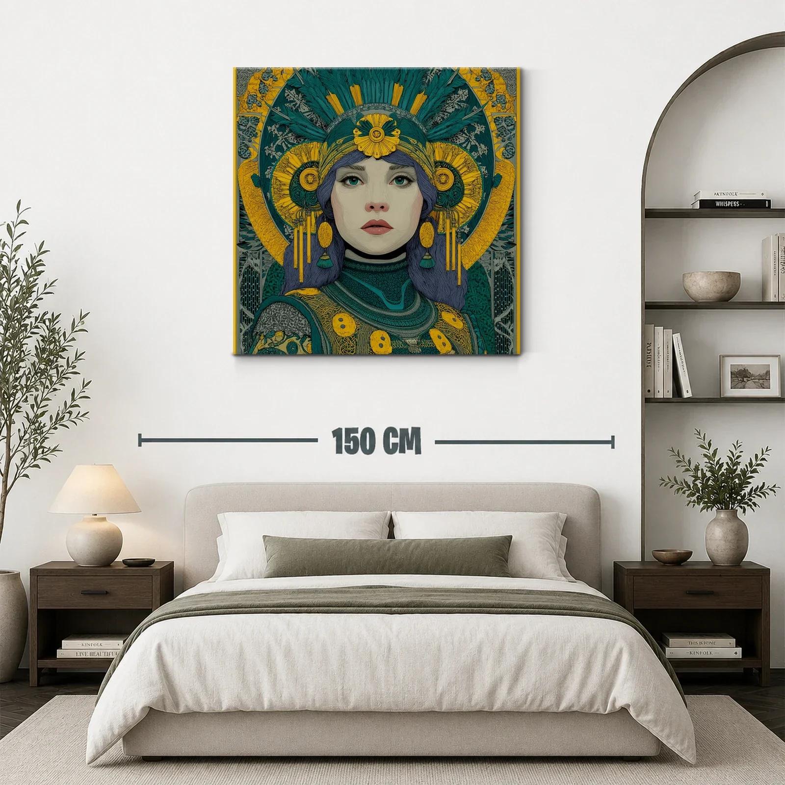 Retrato femenino con detalles ornamentales en tonos verdes y amarillos — miniatura 3