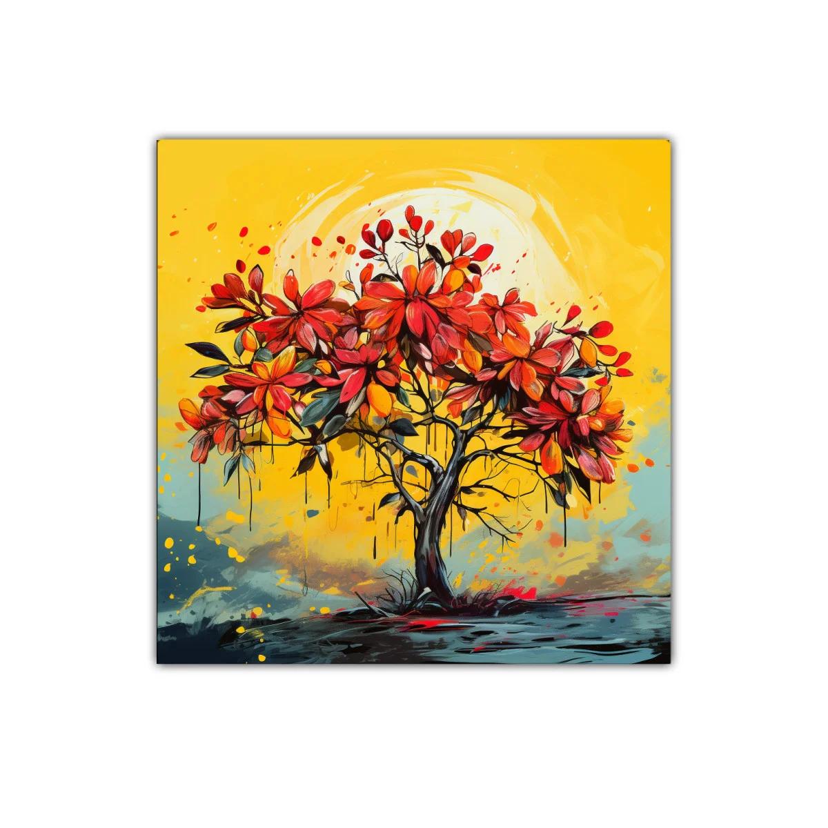 Árbol vibrante con flores rojas sobre fondo amarillo cálido