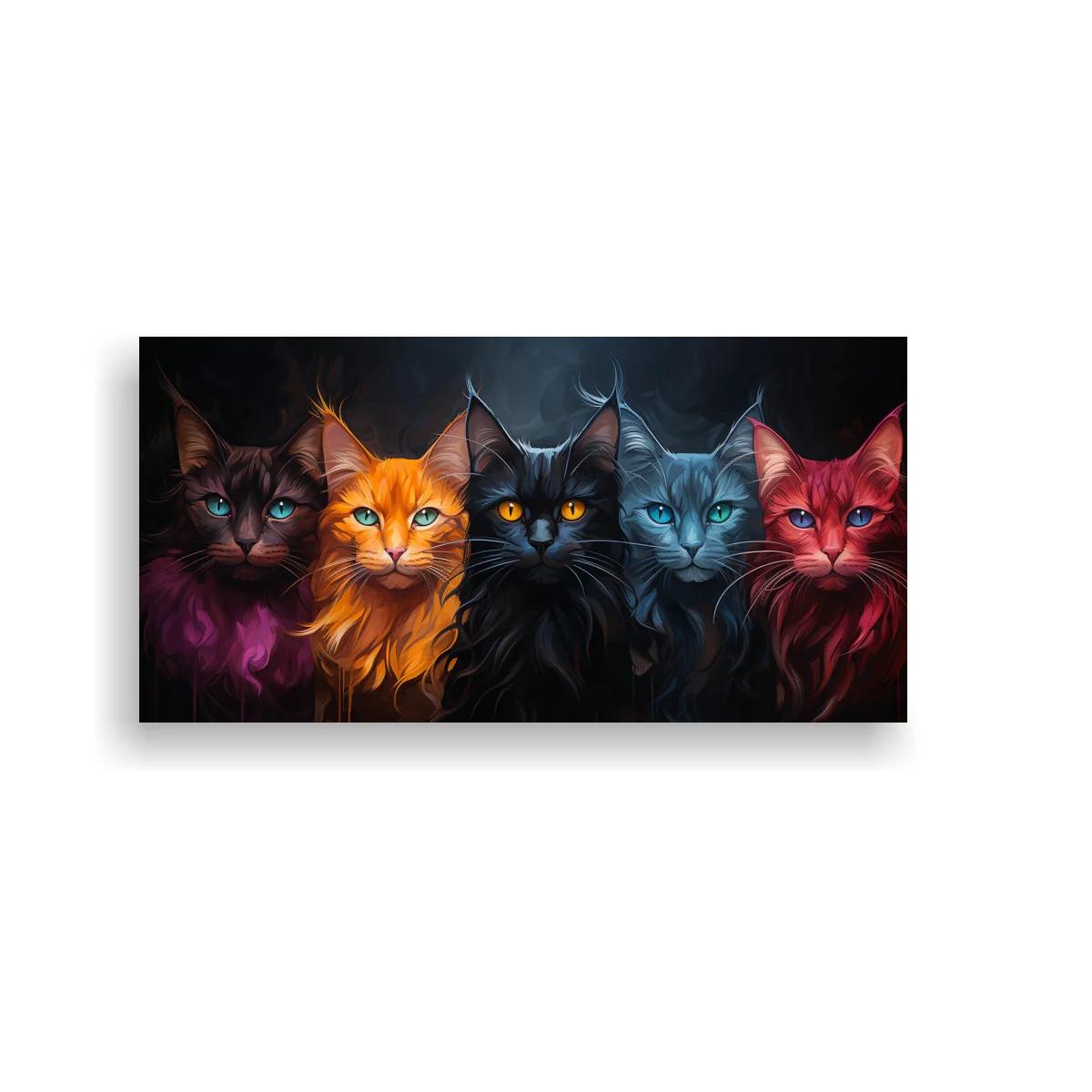 Cuadro cinco gatos de colores con mirada brillante