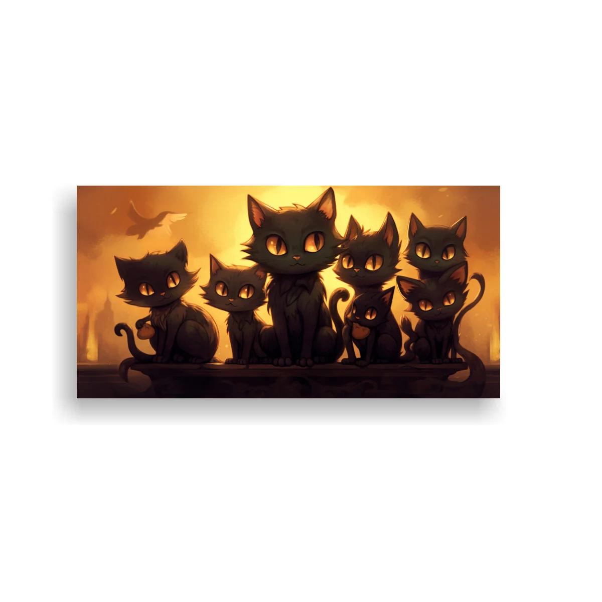 Cuadro grupo de gatos negros con murciélagos volando — imagen principal