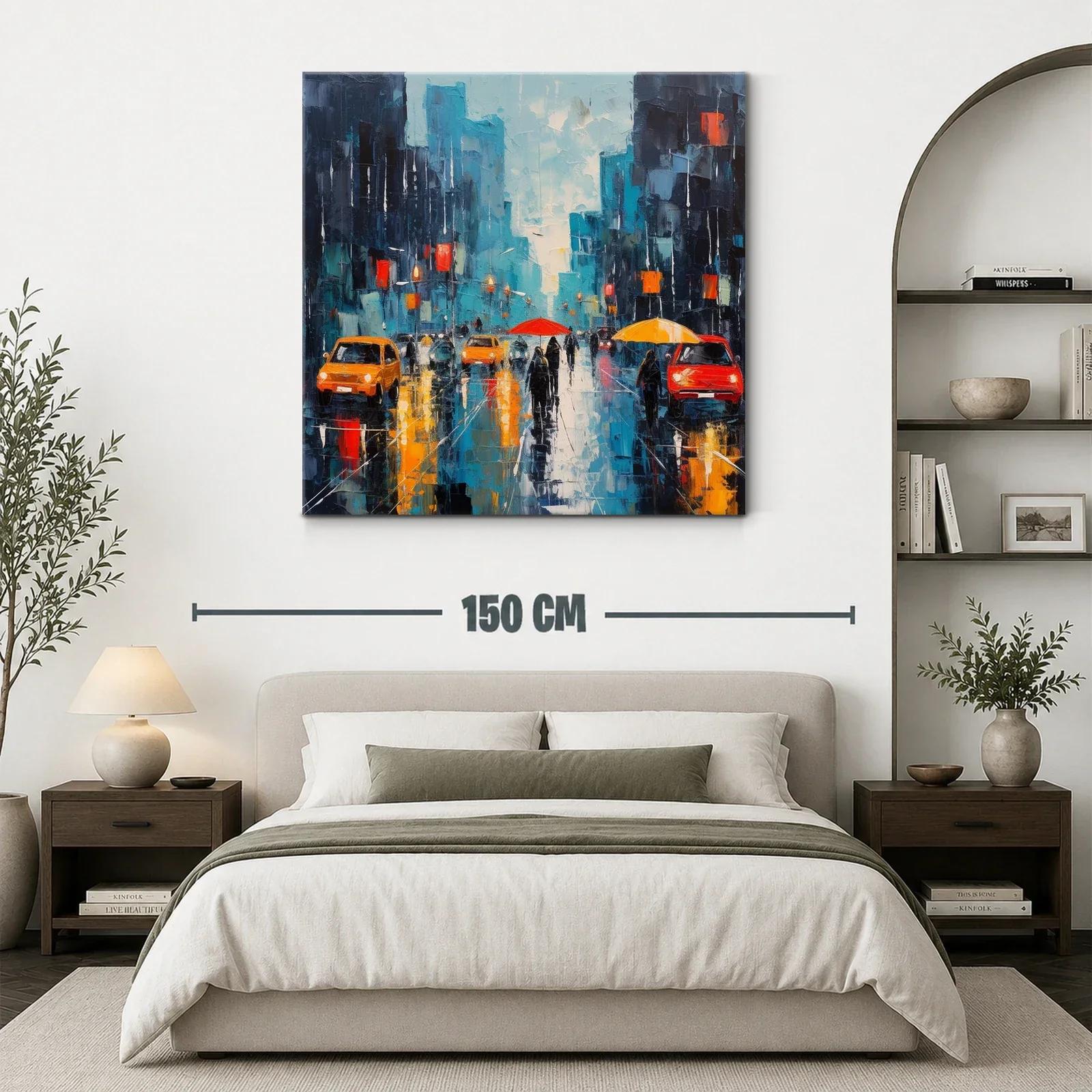 Cuadro urbano con paraguas en tonos vibrantes y contrastes — miniatura 3