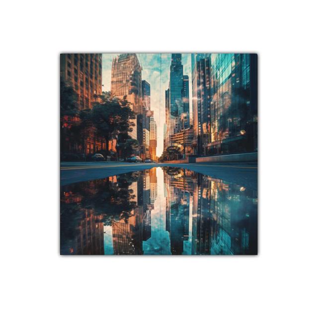 Reflejo urbano en atardecer vibrante y moderno