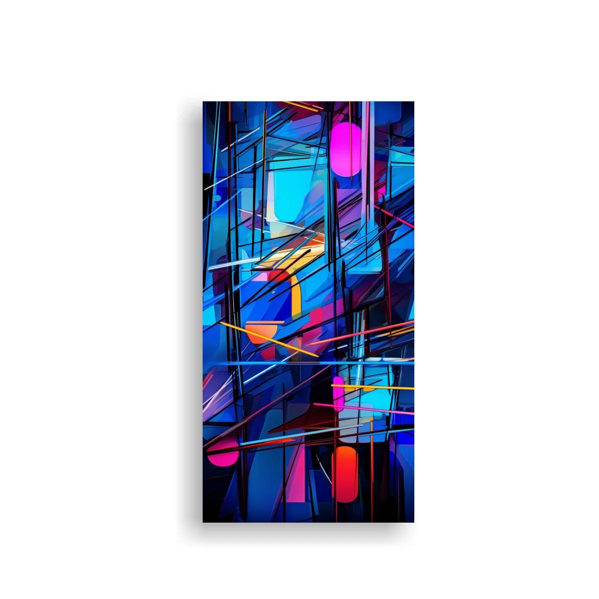 Cuadro abstracto geométrico con líneas neón y formas cápsula