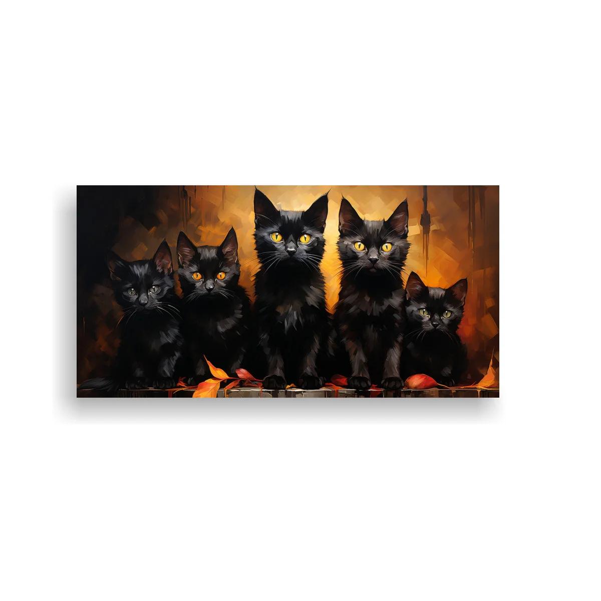 Cuadro cinco gatos negros con velas y calabazas otoñales