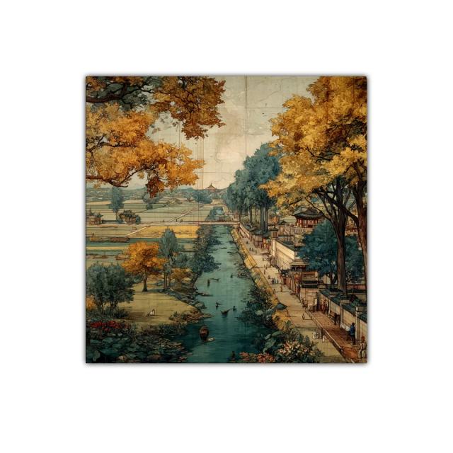 Paisaje clásico junto al río con árboles dorados