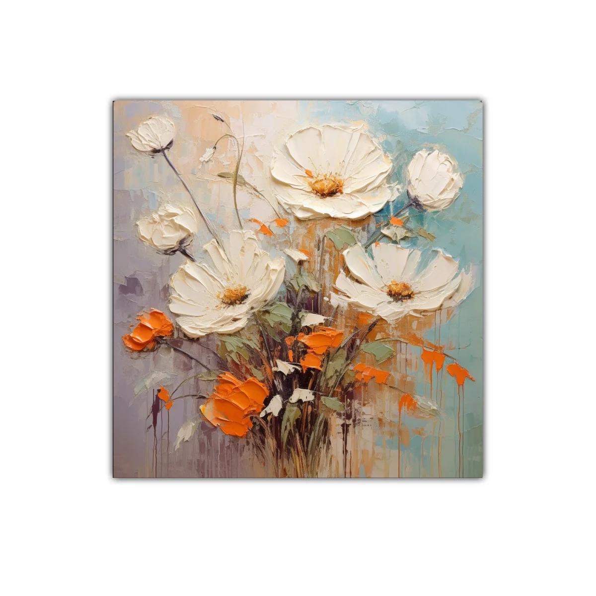 Cuadro floral con flores blancas y toques naranjas vibrantes