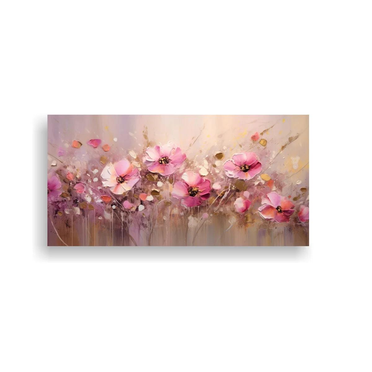 Cuadro flores rosadas con franja horizontal y salpicaduras