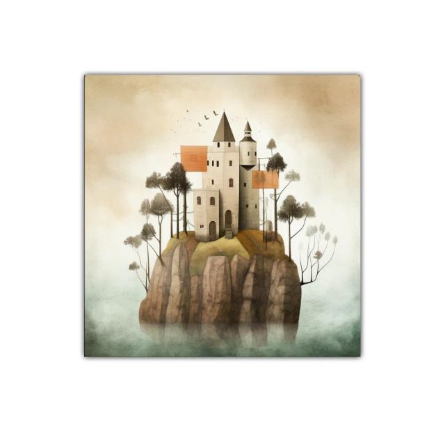 Castillo en isla rocosa con árboles y cielo brumoso