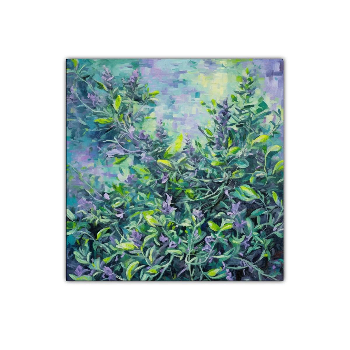 Cuadro decorativo con follaje y flores en tonos verdes y lilas