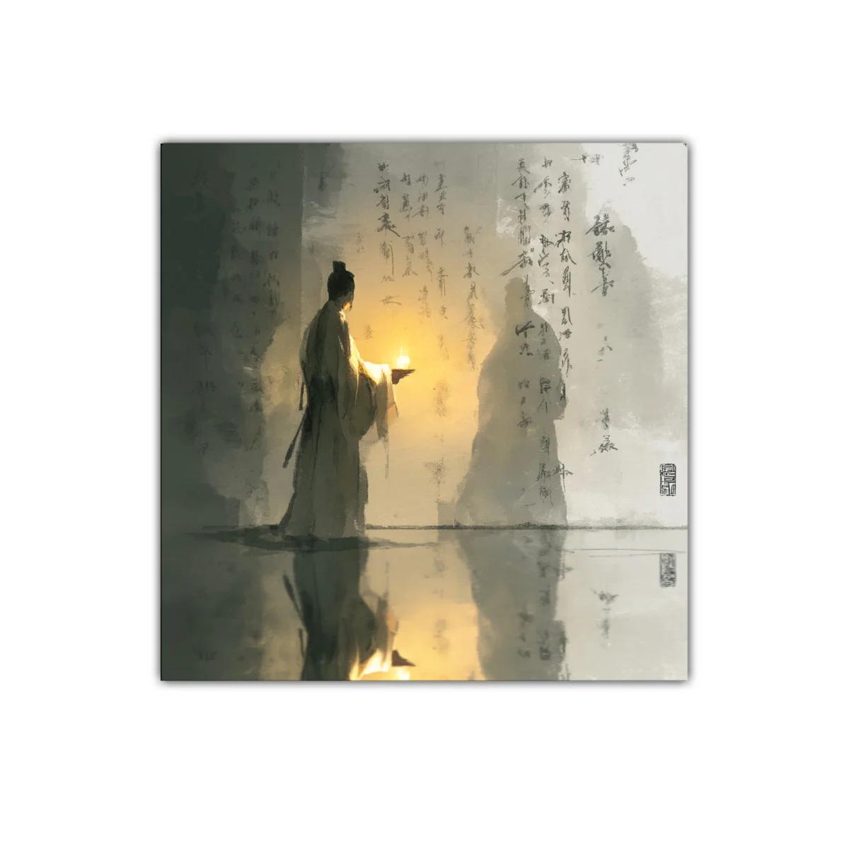 Figura solitaria con luz y caligrafía oriental evocadora — imagen principal
