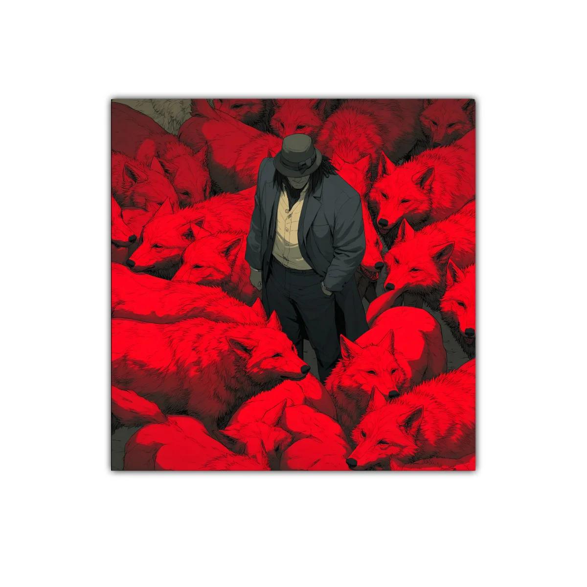 Cuadro Impactante con Hombre entre Lobos Rojos Intensos — imagen principal