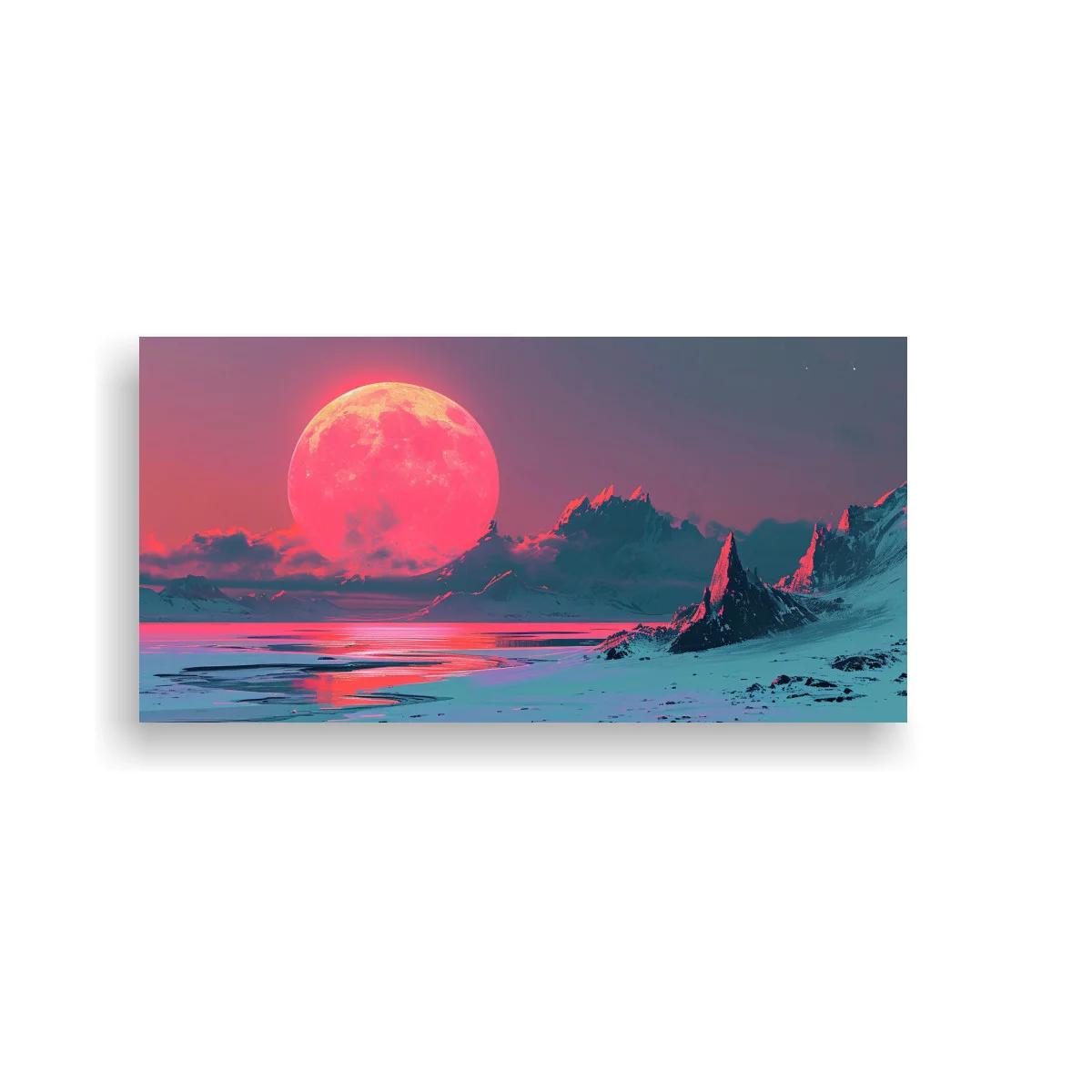 Cuadro luna llena rosa sobre el mar con costa helada