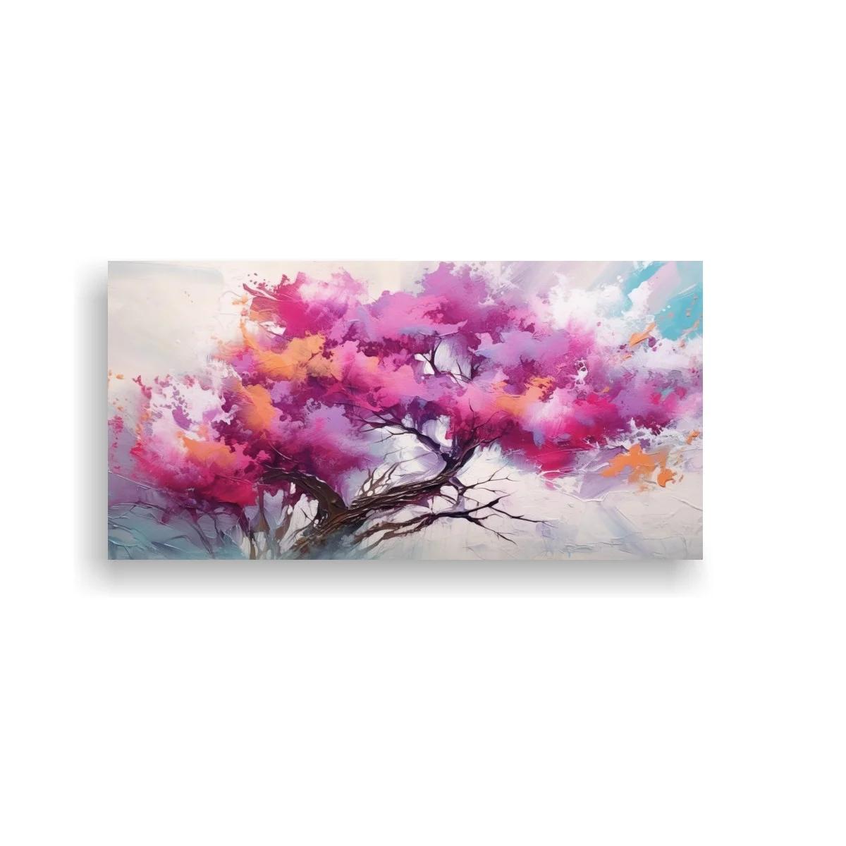 Cuadro árbol con copa rosa y fondo turquesa