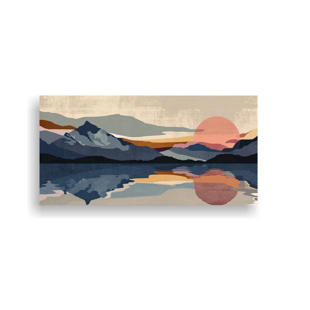 Cuadro paisaje de lago con montañas y sol circular