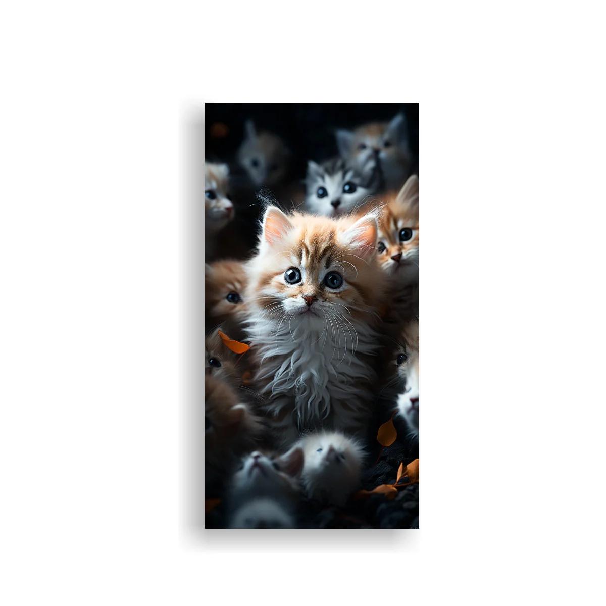 Cuadro gatito peludo naranja y blanco entre hojas secas